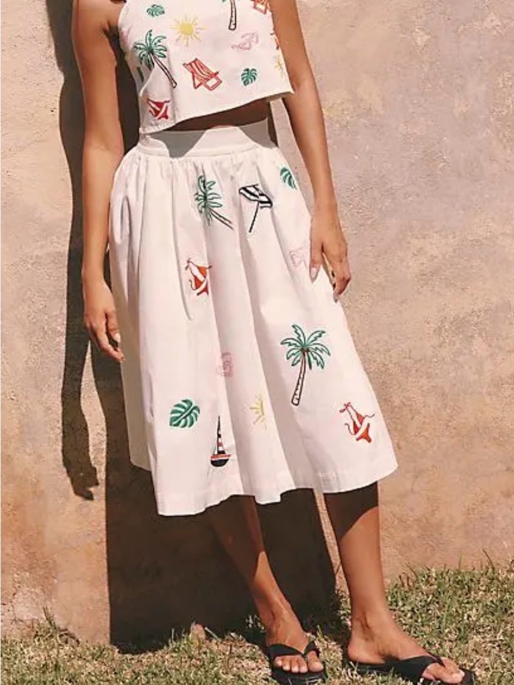 Flat White Anthropologie Tropical Embroidered Midi Skirt